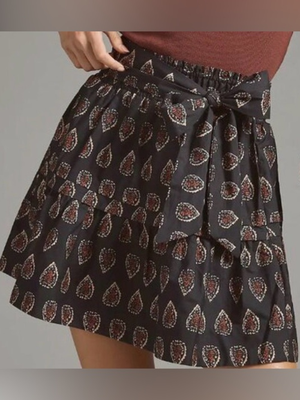 Anthropologie Maeve Black Paisley Tie-Waist Mini Skirt